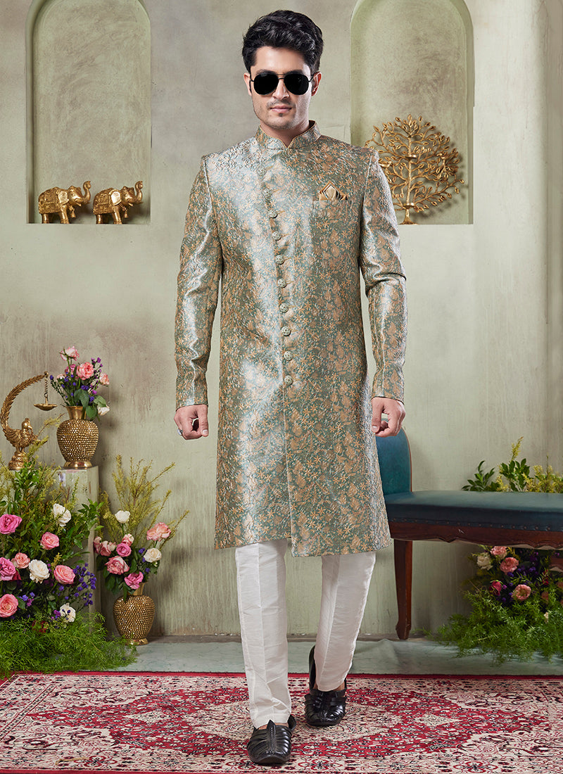 Art Silk Green Wedding Wear Print On Computer Thread Work Readymade Sherwani