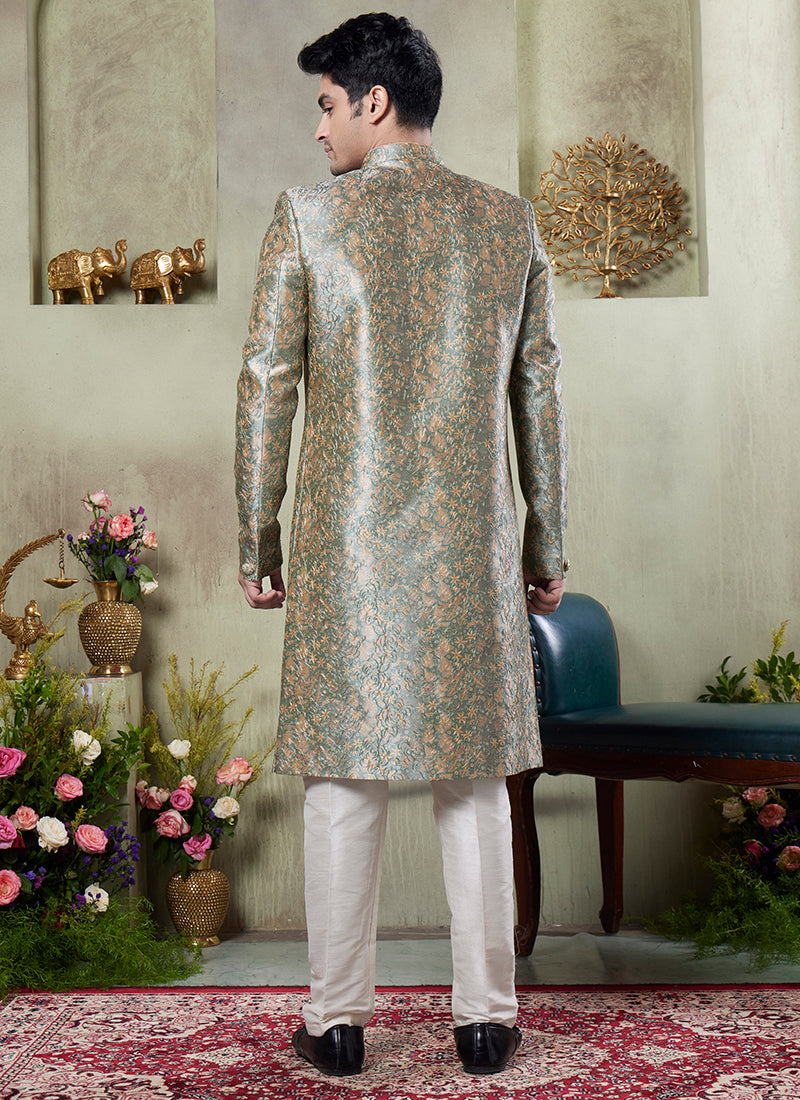 Art Silk Green Wedding Wear Print On Computer Thread Work Readymade Sherwani