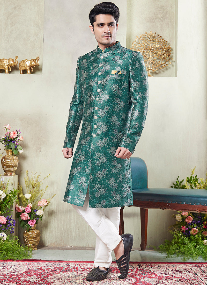 Art Silk Green Wedding Wear Print On Computer Thread Work Readymade Sherwani