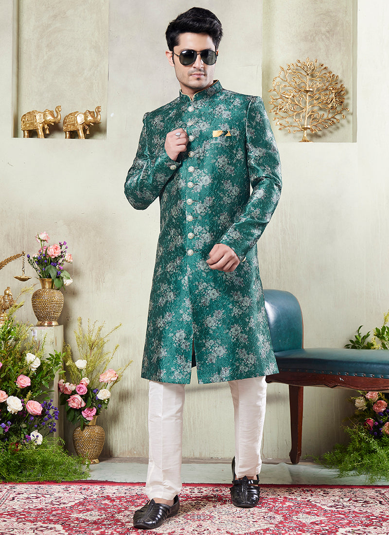 Art Silk Green Wedding Wear Print On Computer Thread Work Readymade Sherwani