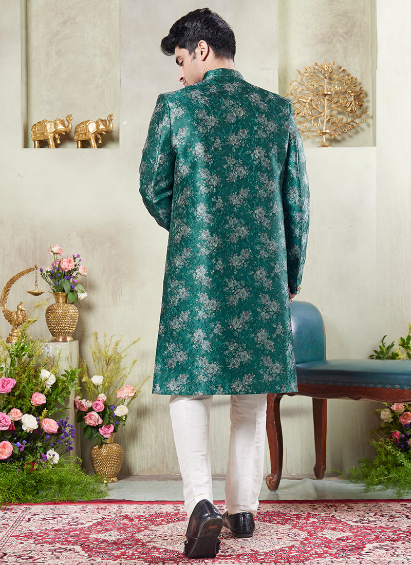 Art Silk Green Wedding Wear Print On Computer Thread Work Readymade Sherwani