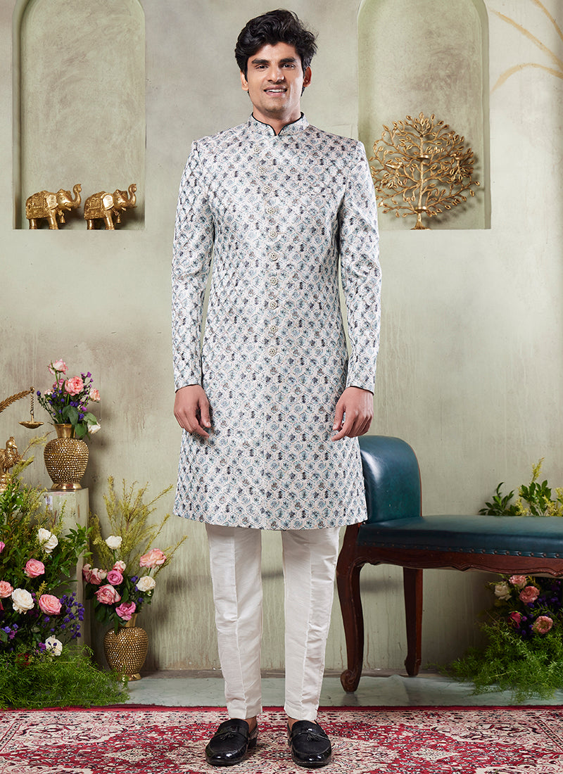 Art Silk Green Wedding Wear Print On Computer Thread Work Readymade Sherwani