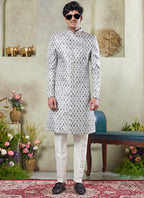 Art Silk Green Wedding Wear Print On Computer Thread Work Readymade Sherwani