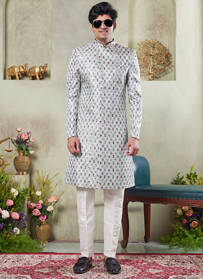 Art Silk Green Wedding Wear Print On Computer Thread Work Readymade Sherwani