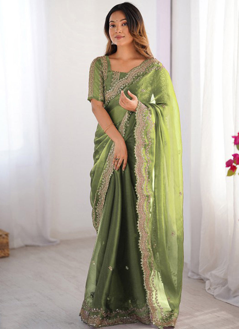 Burberry Silk Green Ocassional Wear Embroidery Work Saree