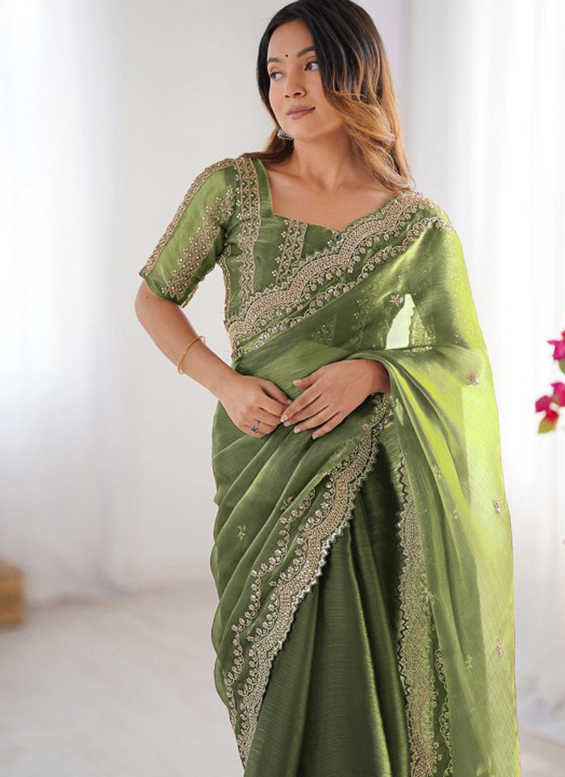 Burberry Silk Green Ocassional Wear Embroidery Work Saree
