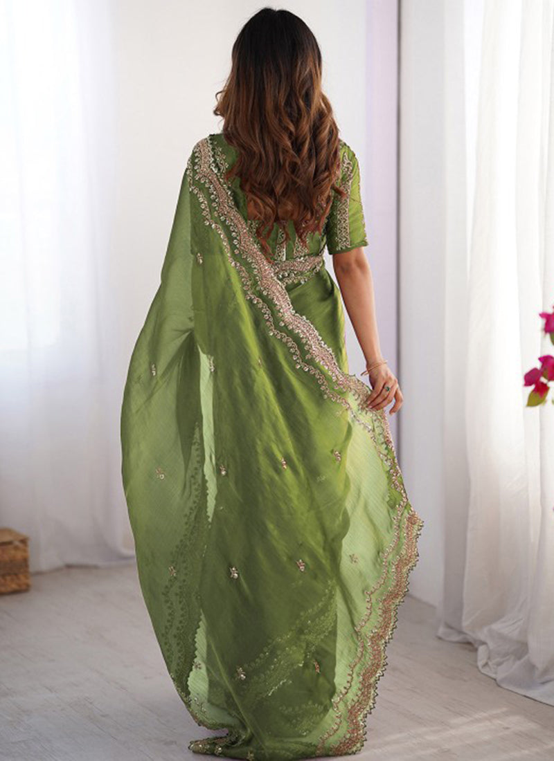 Burberry Silk Green Ocassional Wear Embroidery Work Saree