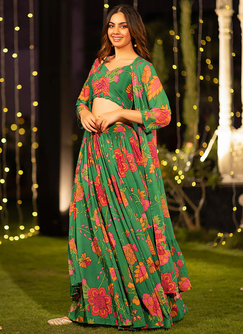 Chinnon Green Festival Wear Printed Ready To Wear Plus Size Lehenga Choli