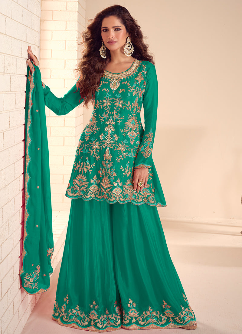 Chinnon Green Party Wear Embroidery Work Readymade Plazzo Suit