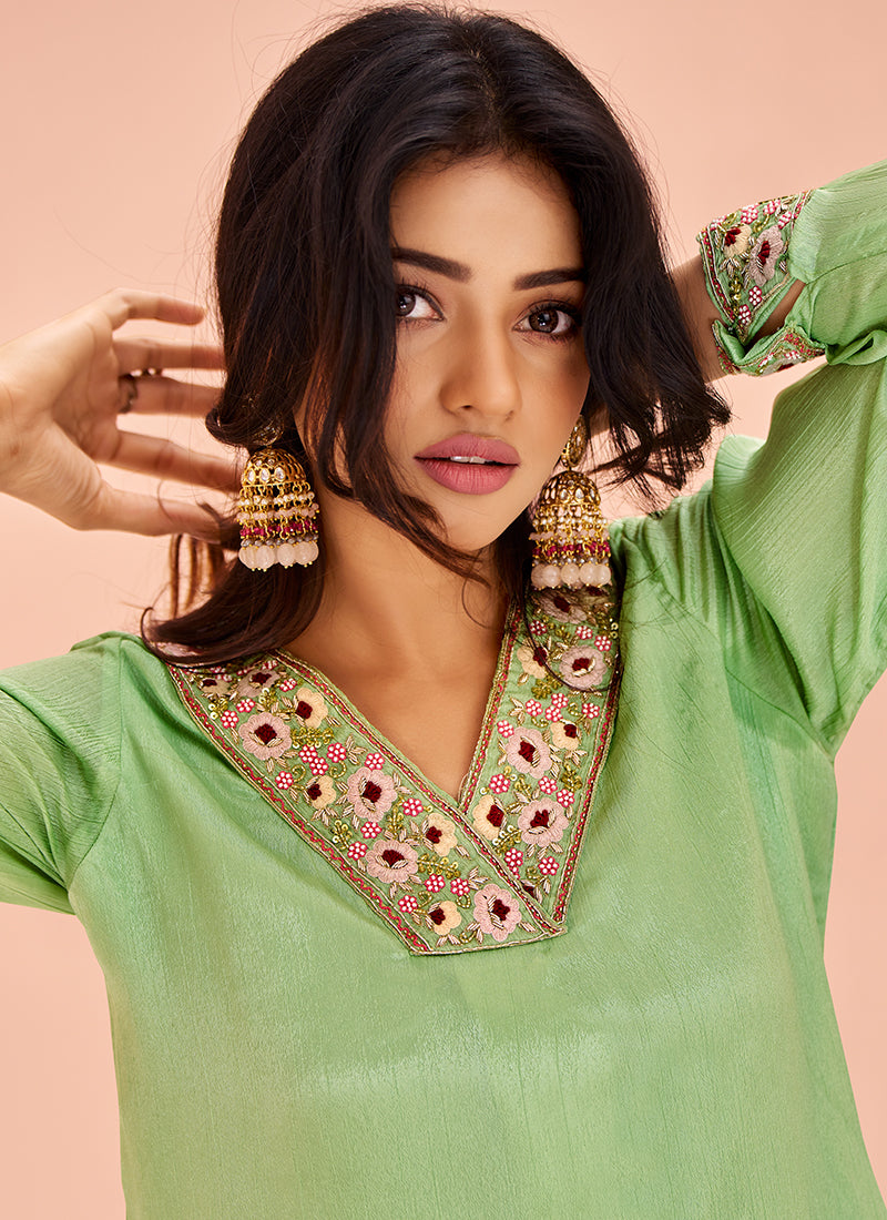 Chinnon Green Party Wear Hand Work Readymade Kurti With Pant