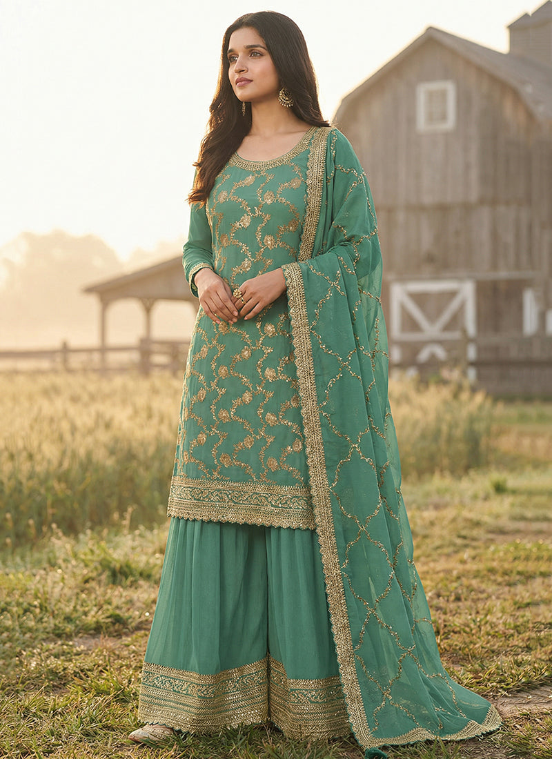 Green Chinon Embroidery Work Festival Wear Readymade Plazzo Suit SW493059