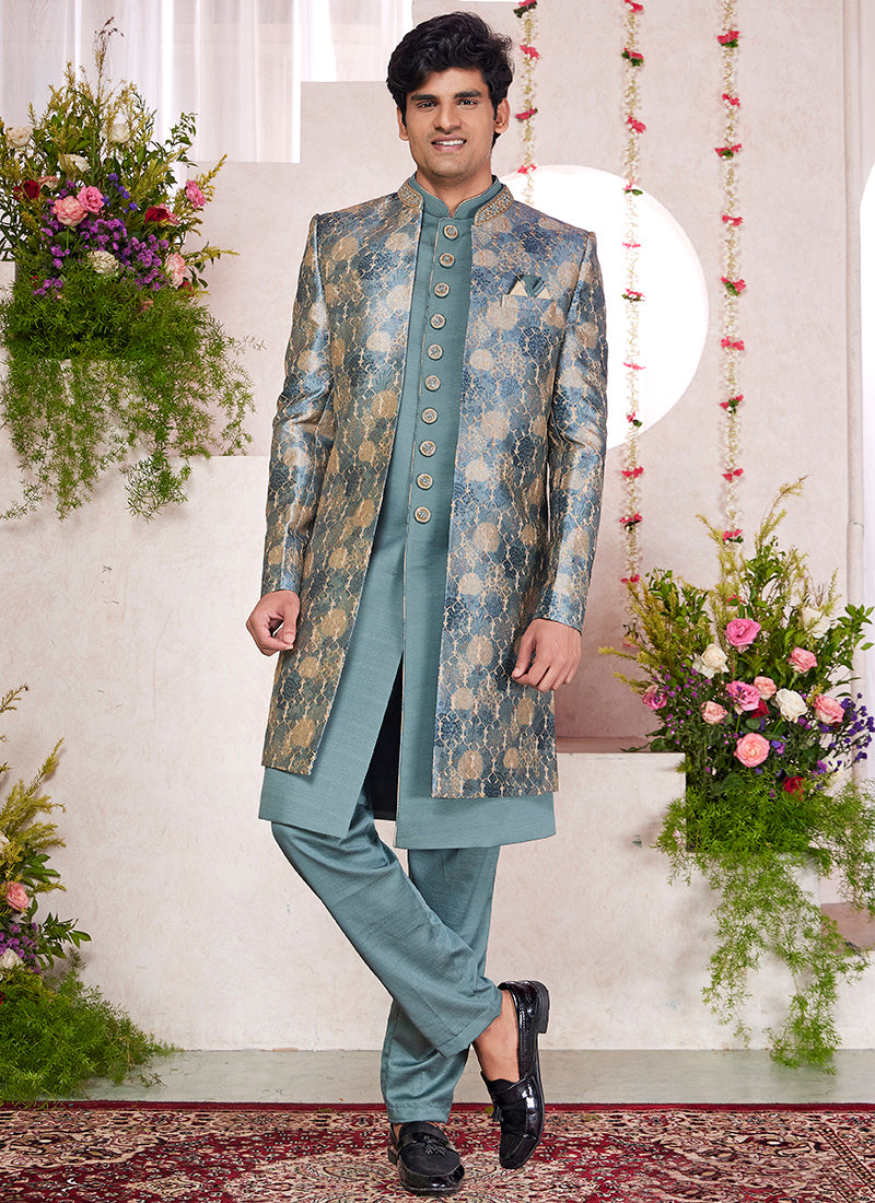 Digital Print  Silk Green Party Wear Embroidery Onnack Work And Button Readymade Sherwani With Jacket