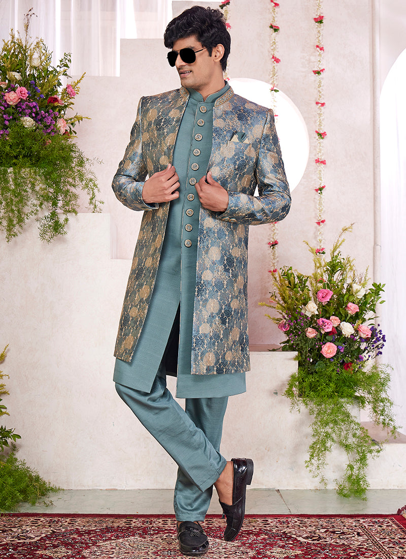 Digital Print  Silk Green Party Wear Embroidery Onnack Work And Button Readymade Sherwani With Jacket