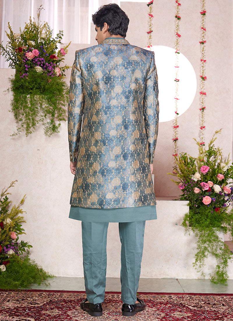 Digital Print  Silk Green Party Wear Embroidery Onnack Work And Button Readymade Sherwani With Jacket