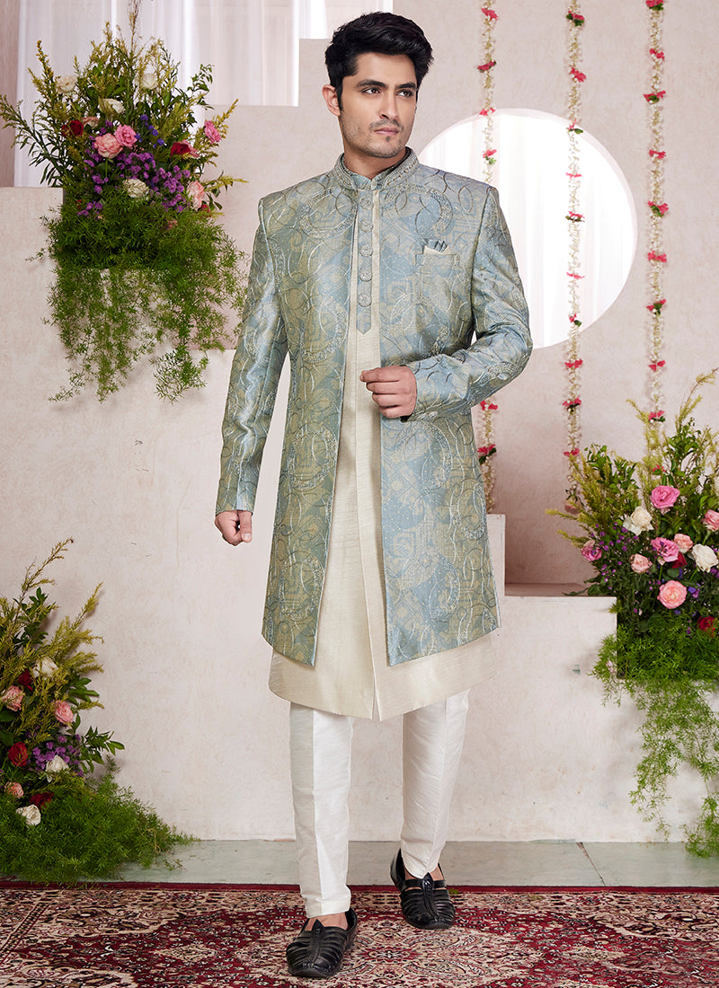 Digital Print  Silk Green Party Wear Embroidery Onnack Woek And Button Readymade Sherwani With Jacket