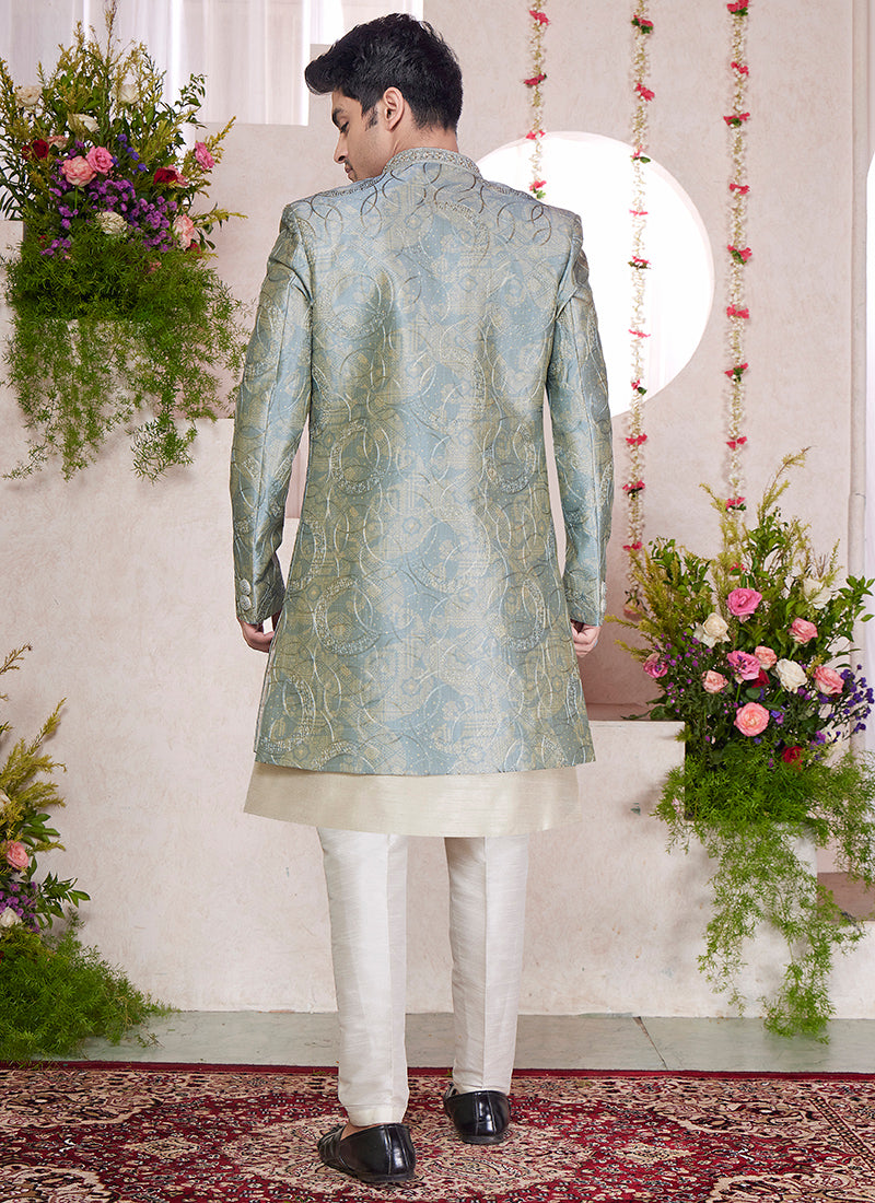 Digital Print  Silk Green Party Wear Embroidery Onnack Woek And Button Readymade Sherwani With Jacket