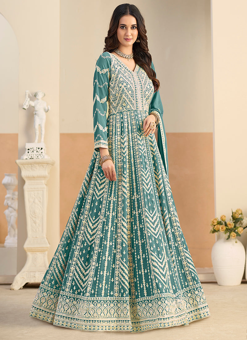 Green Faux Georgette  Embroidery Work Occasional Wear Anarkali Suit SW134889