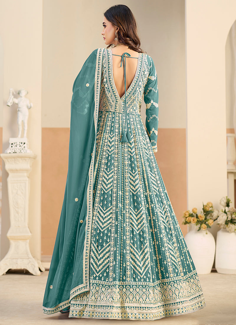 Green Faux Georgette  Embroidery Work Occasional Wear Anarkali Suit SW134889