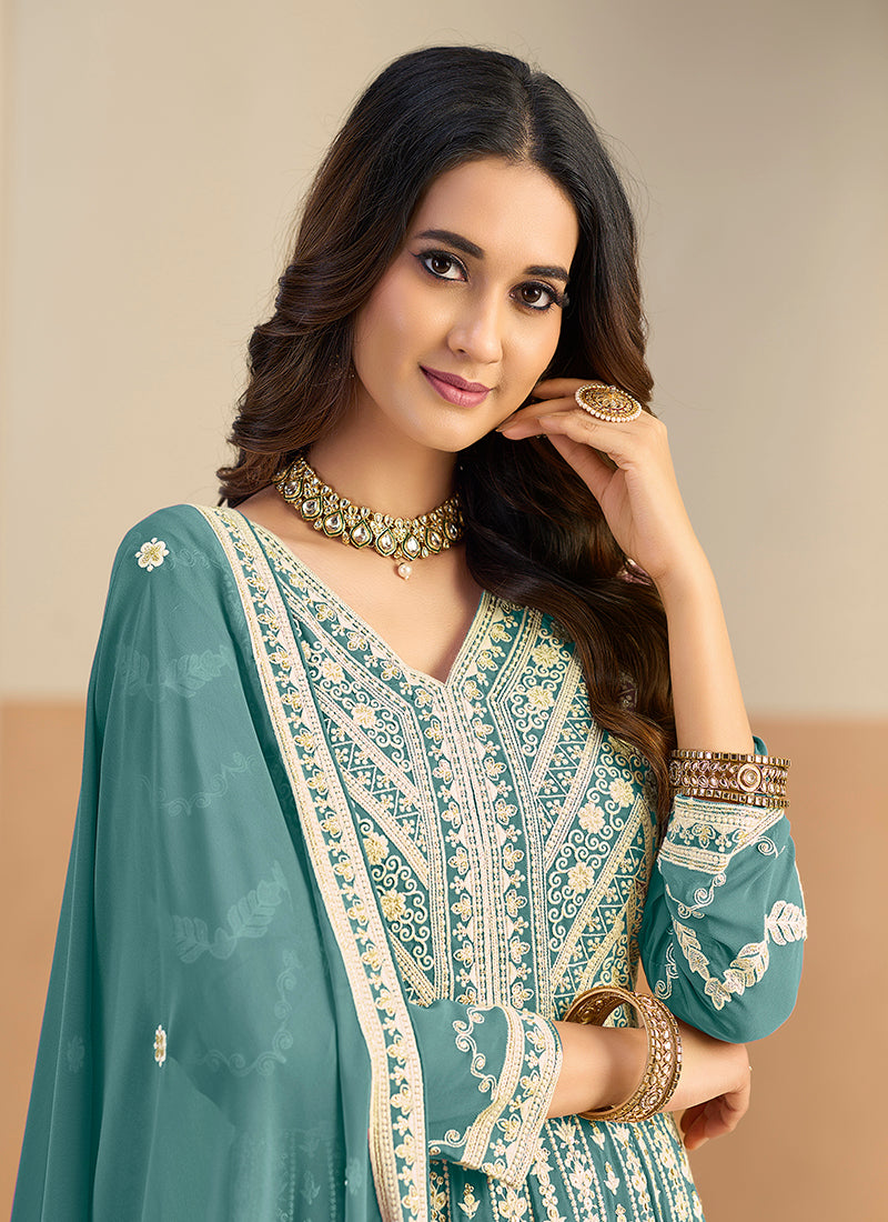Green Faux Georgette  Embroidery Work Occasional Wear Anarkali Suit SW134889