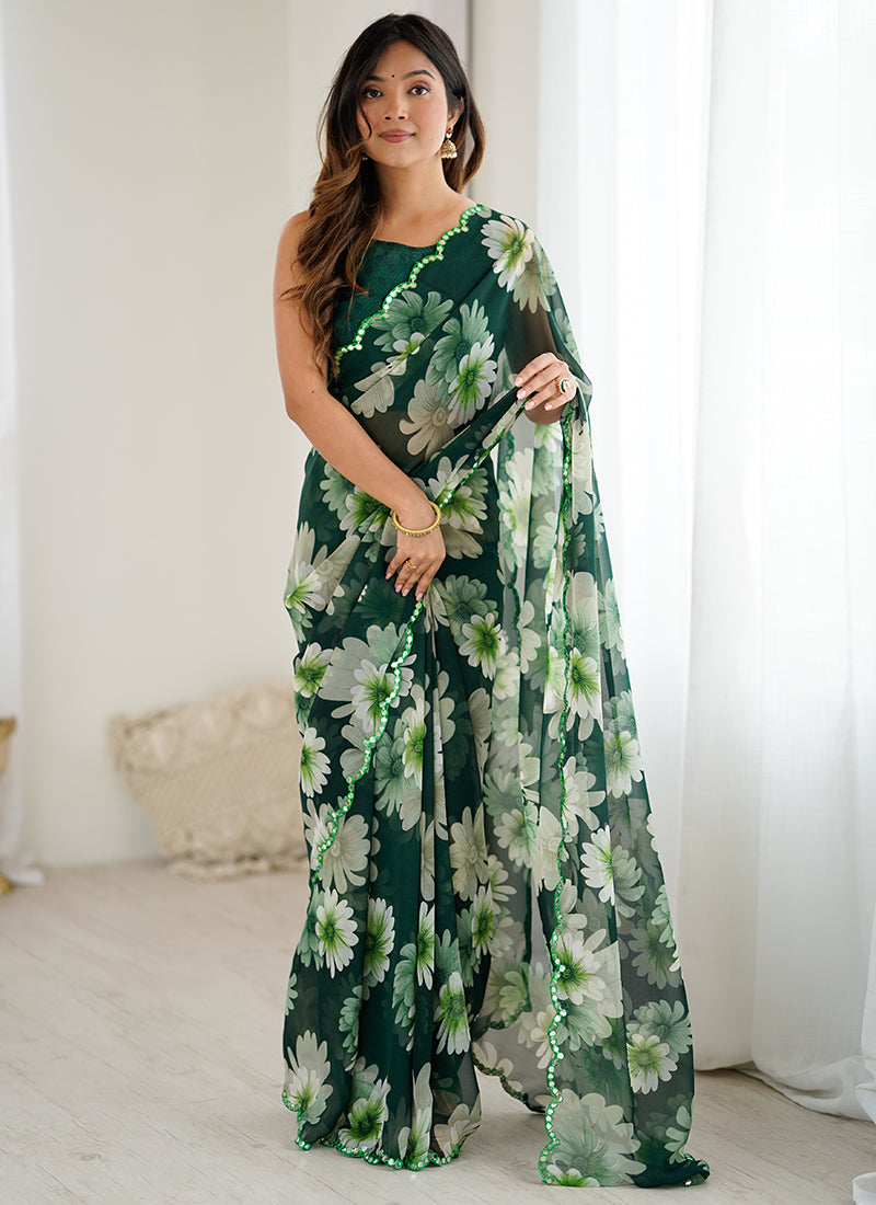 Georgette Green Casual Wear Digital Print Work Saree 388735