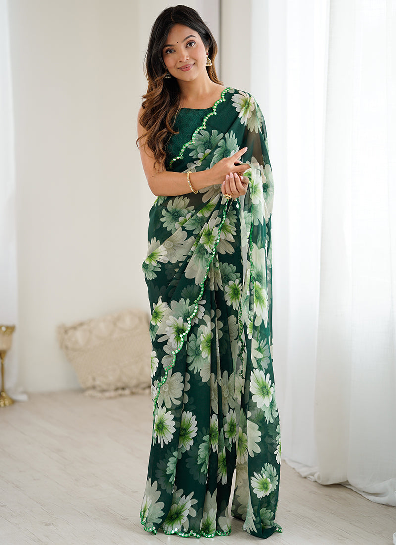 Georgette Green Casual Wear Digital Print Work Saree 388735