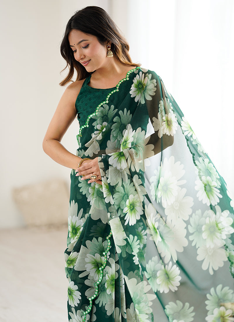 Georgette Green Casual Wear Digital Print Work Saree 388735