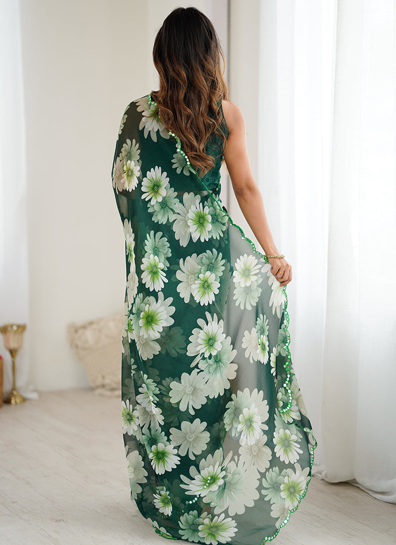 Georgette Green Casual Wear Digital Print Work Saree 388735