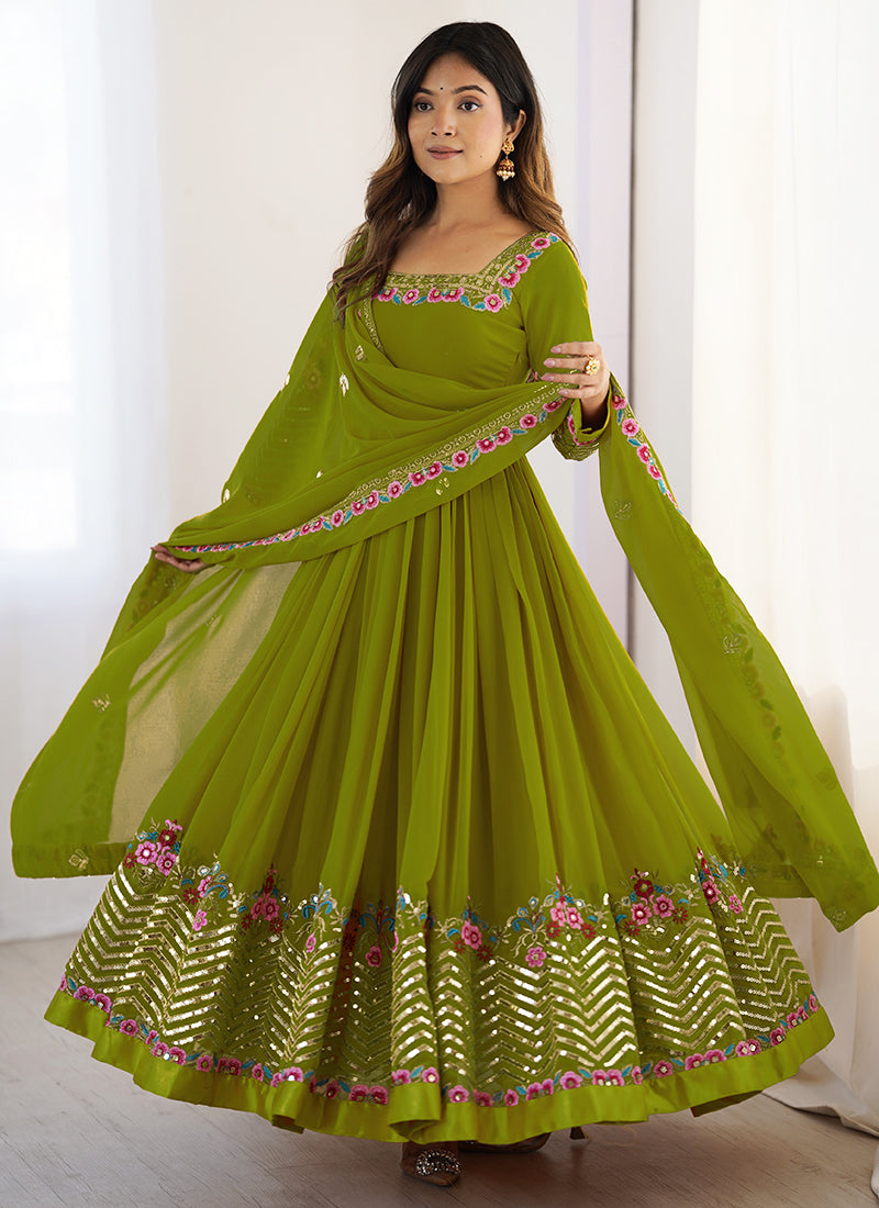 Georgette Green Wedding Wear Embroidery Work Readymade Anarkali Suit