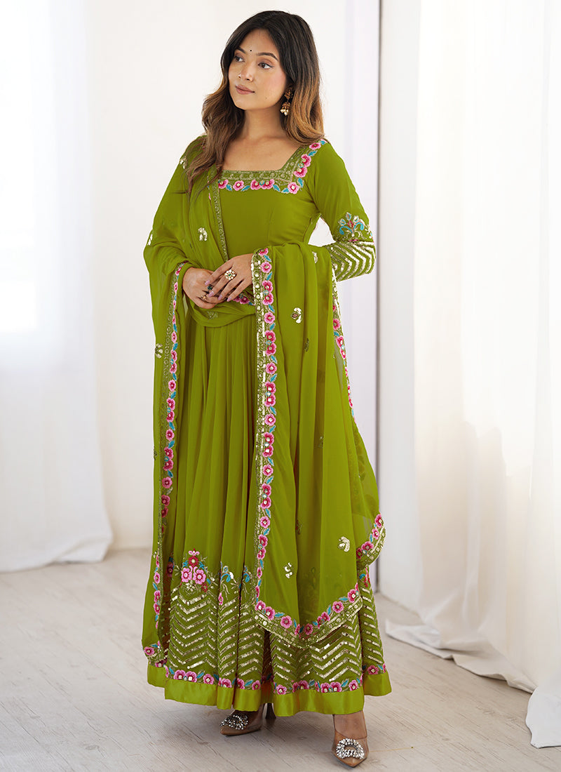 Georgette Green Wedding Wear Embroidery Work Readymade Anarkali Suit