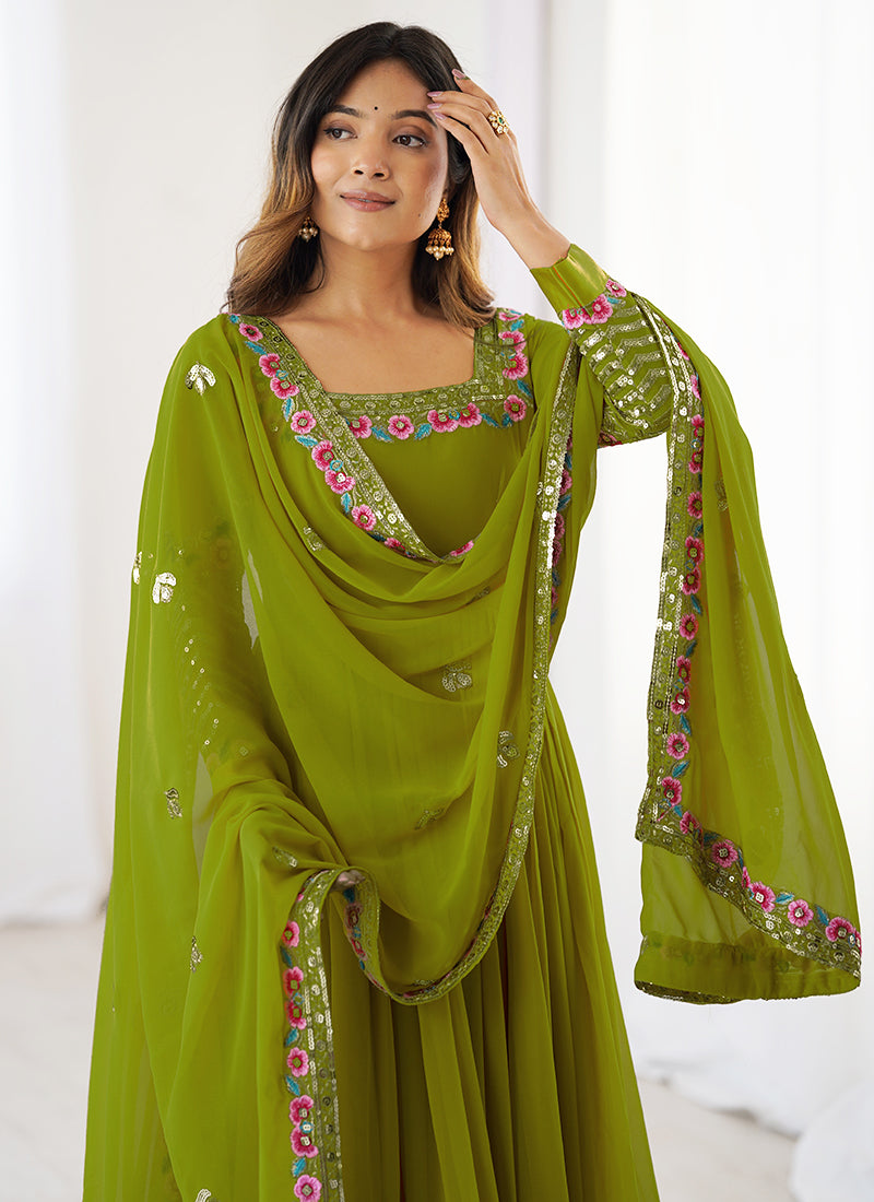 Georgette Green Wedding Wear Embroidery Work Readymade Anarkali Suit