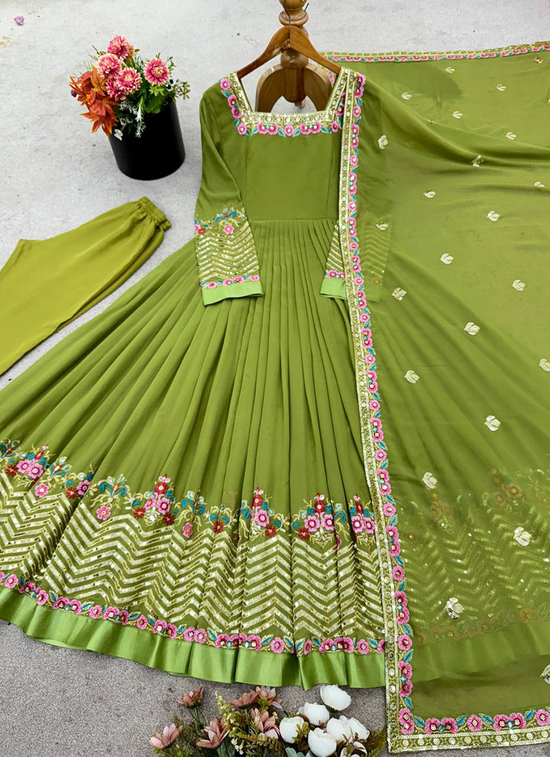 Georgette Green Wedding Wear Embroidery Work Readymade Anarkali Suit