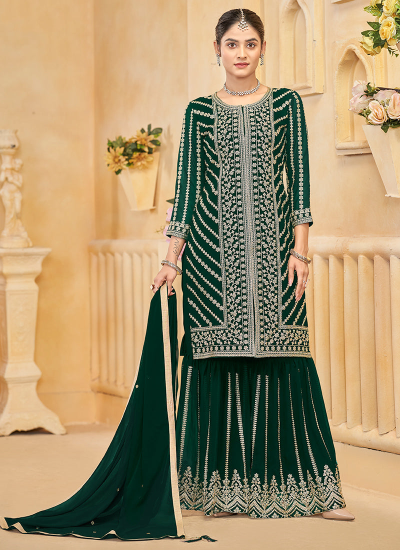 Georgette Green Wedding Wear Embroidery Work Readymade Sharara Suit