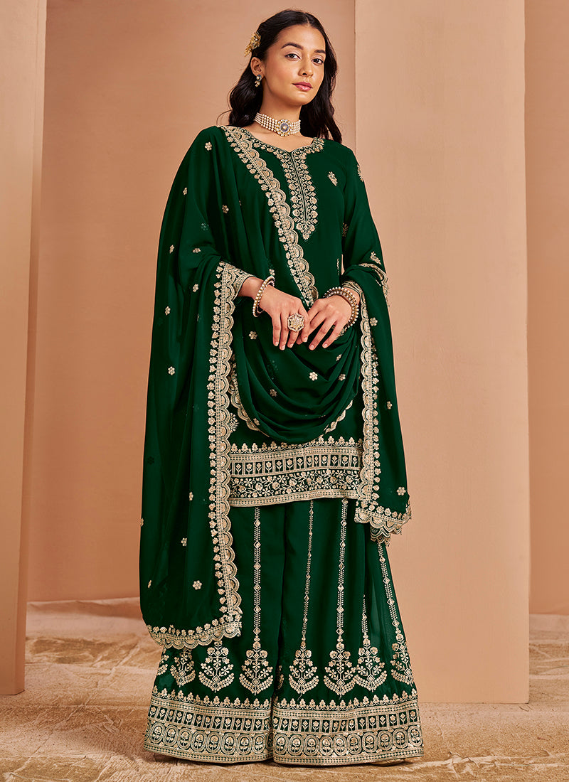 Georgette Green Wedding Wear Sequins Work Plazzo Suit