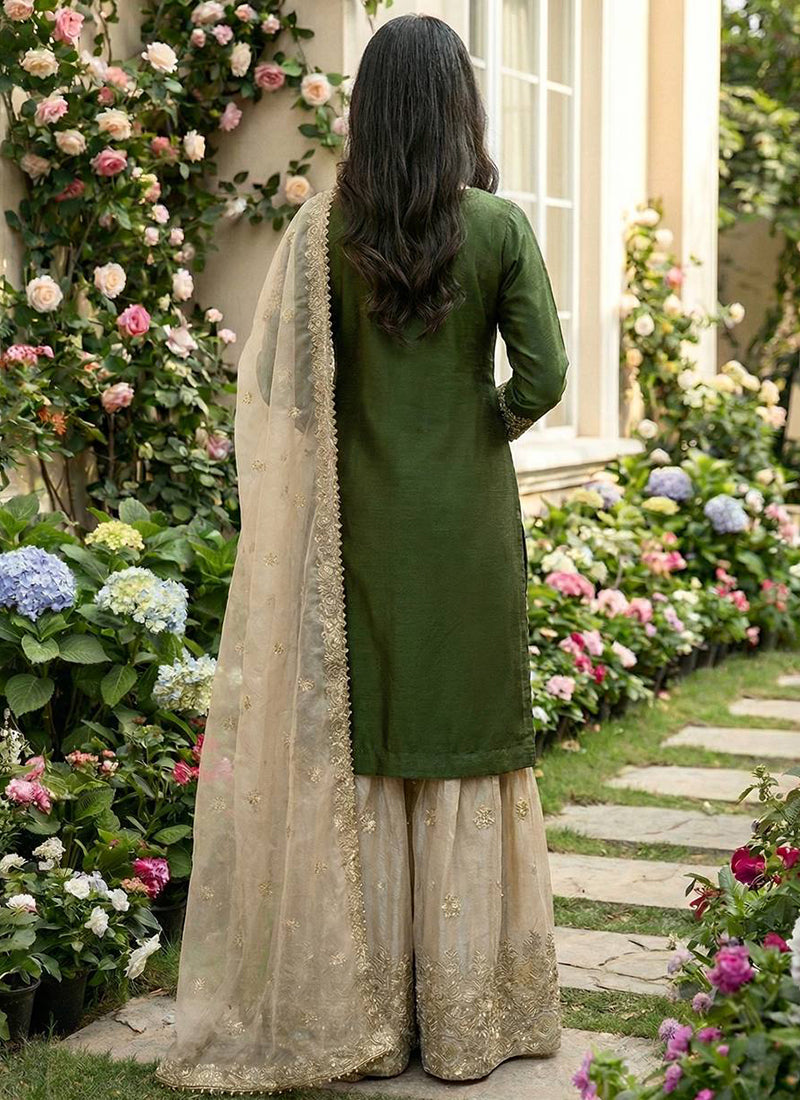 Jimmy Choo Silk Green Festival Wear Zari Work Readymade Sharara Suit
