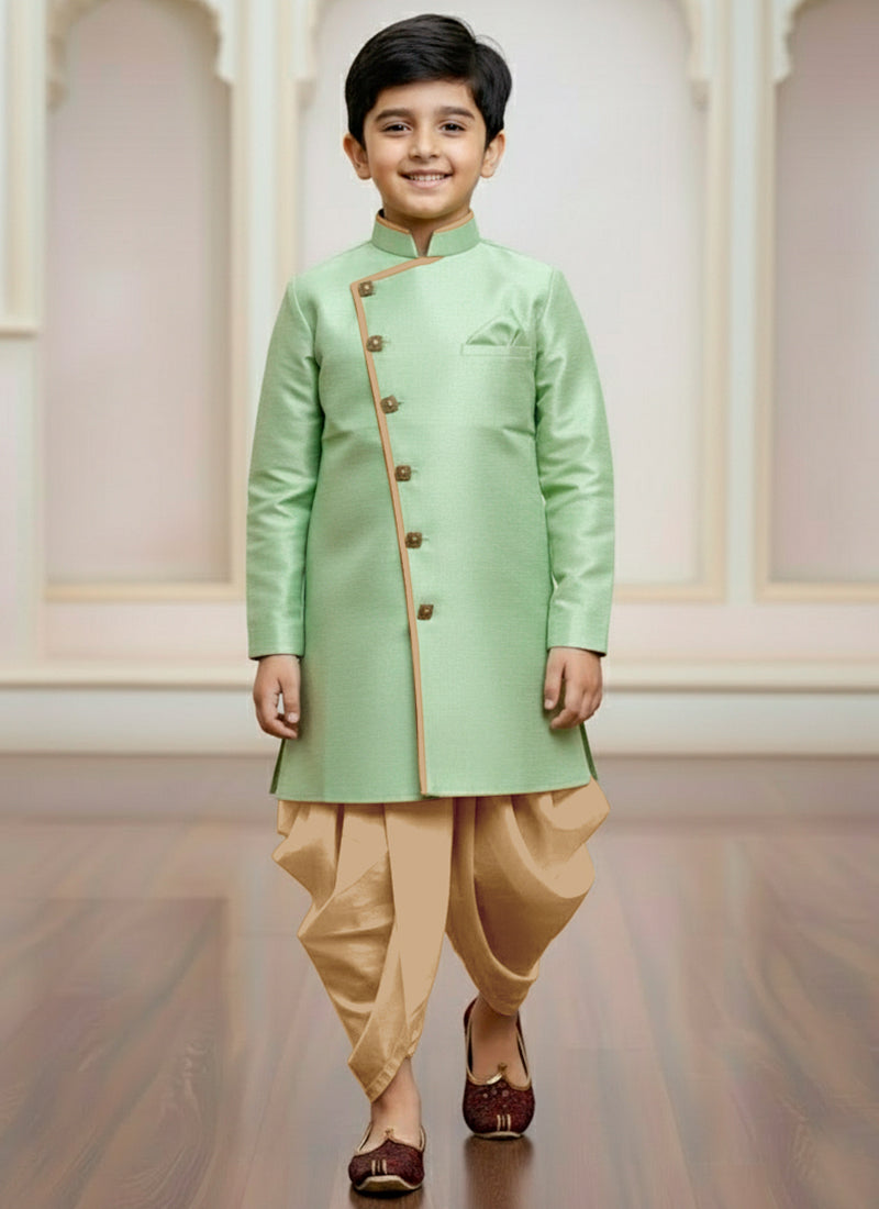 Jute Silk Green Wedding Wear Plain Work Readymade Dhoti Suit For Boys
