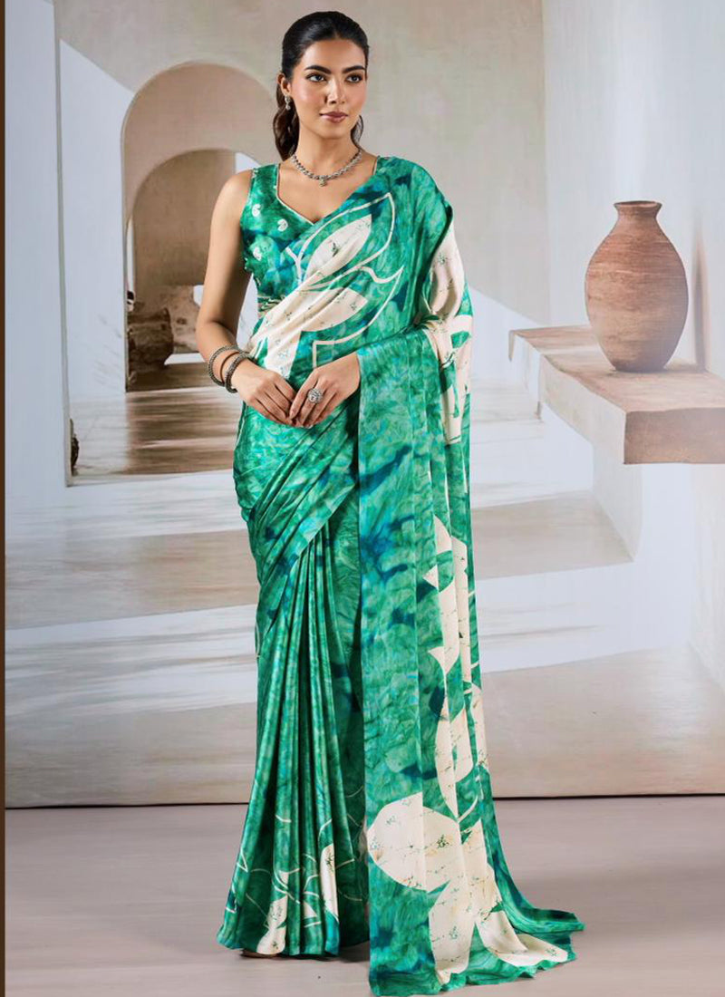 Modal Satin Green Festival Wear Printed Work Saree 388787