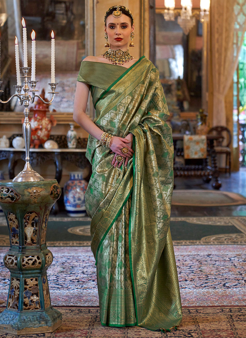 Pv Tissue Silk Green Wedding Wear Weaving Work Saree 388675