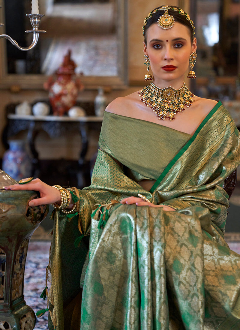 Pv Tissue Silk Green Wedding Wear Weaving Work Saree 388675