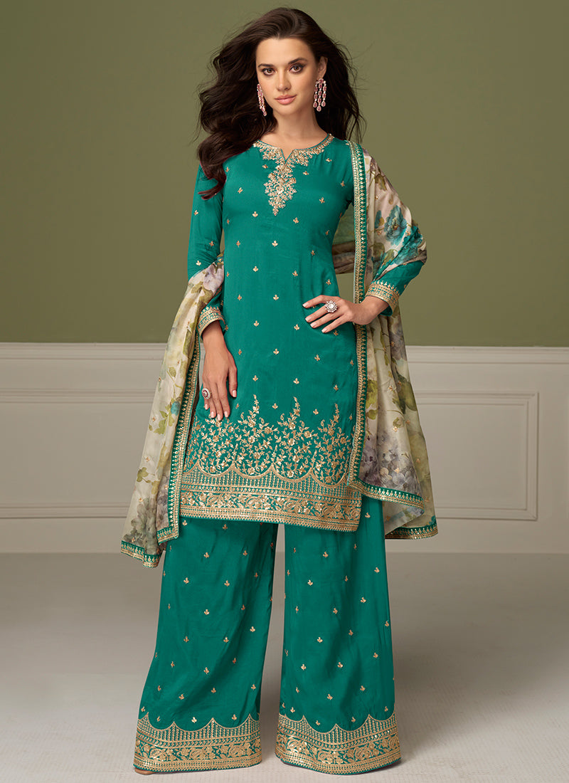 Shimmer Silk Green Wedding Wear Zari Workl Readymade Palazzo Suit