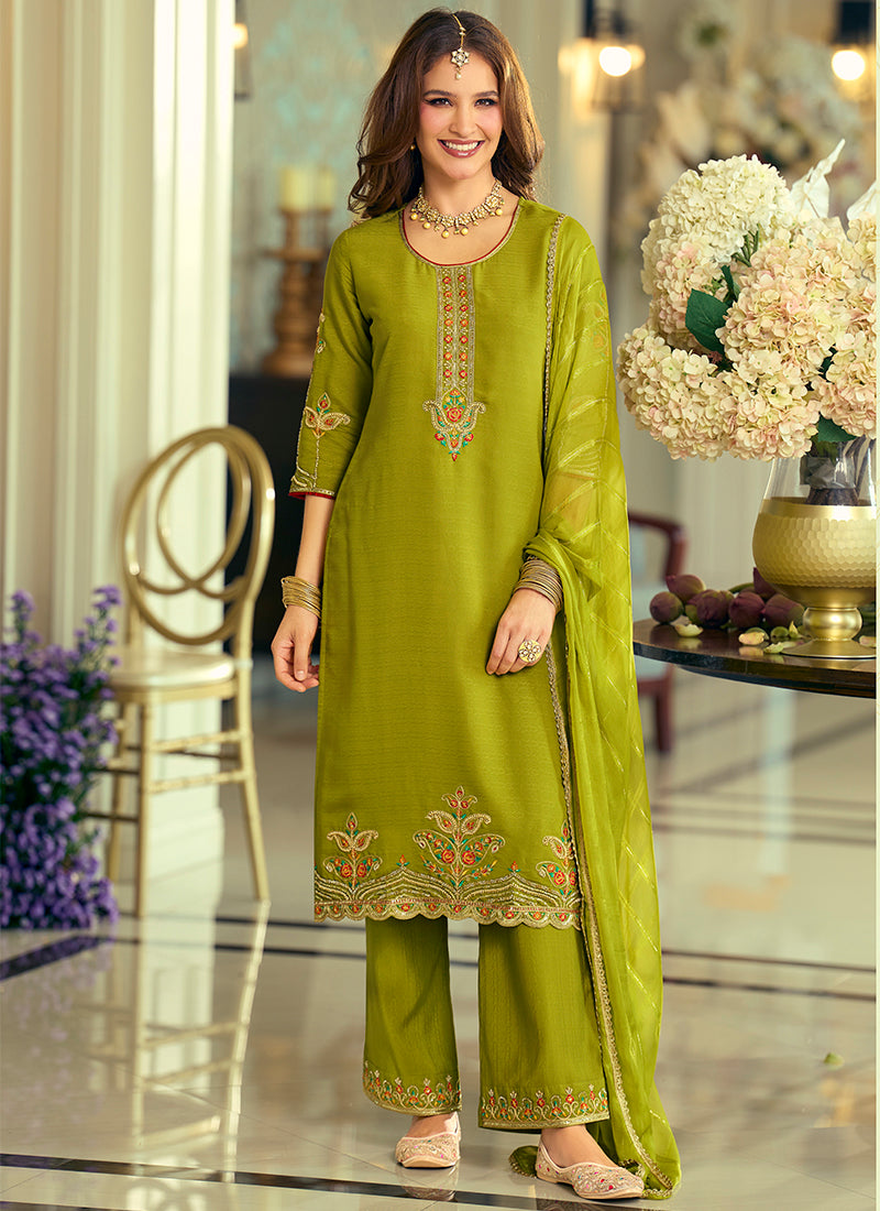 Silk Green Festival Wear Hand Work Readymade Salwar Suit 388945