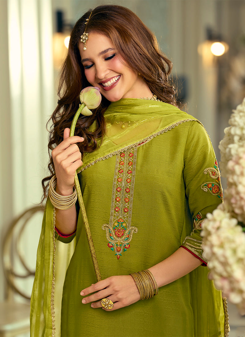 Silk Green Festival Wear Hand Work Readymade Salwar Suit 388945