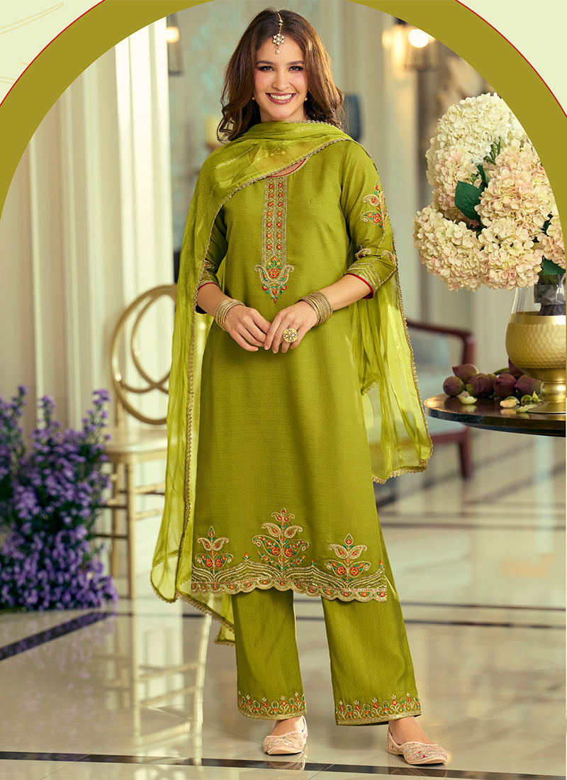 Silk Green Festival Wear Hand Work Readymade Salwar Suit 388945