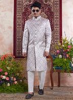 Banarasi Jacquard Grey Wedding Wear Pattern Pc Work Readymade Sherwani