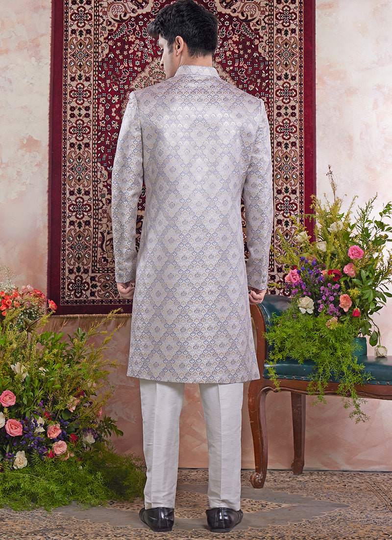 Banarasi Jacquard Grey Wedding Wear Pattern Pc Work Readymade Sherwani