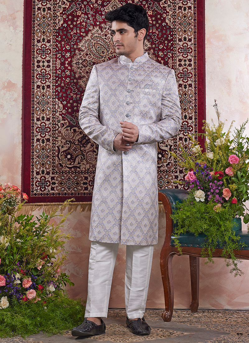 Banarasi Jacquard Grey Wedding Wear Pattern Pc Work Readymade Sherwani