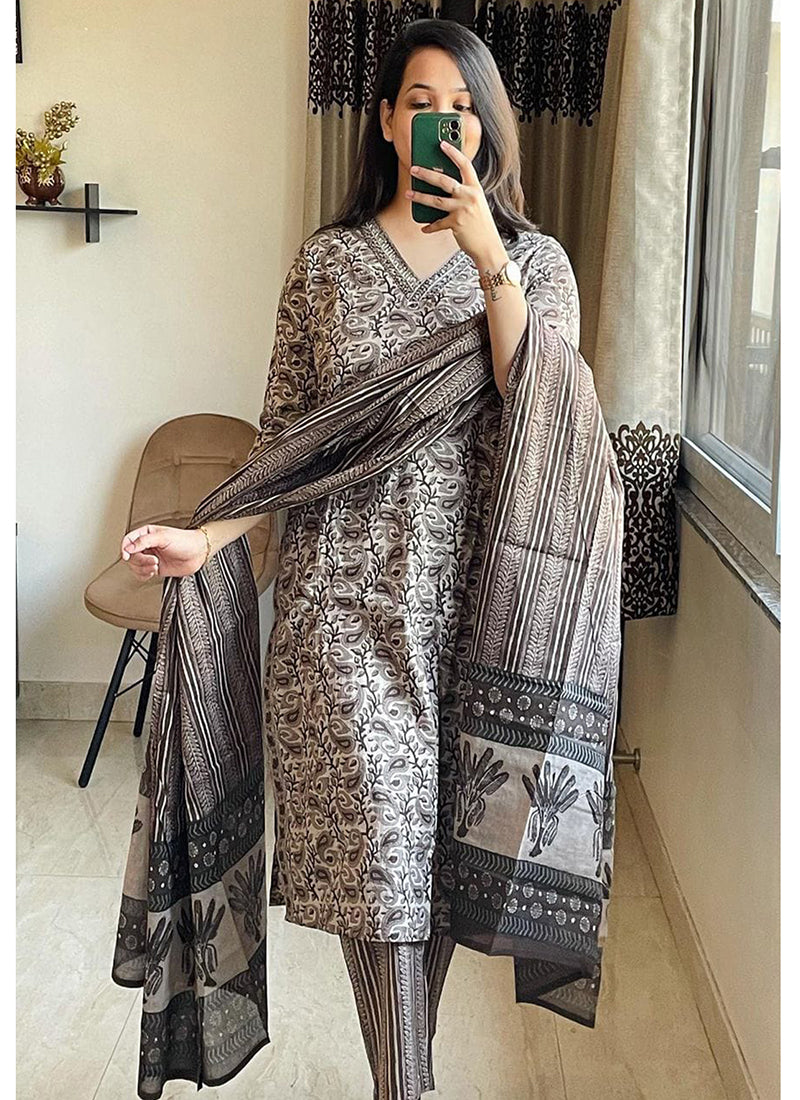 Cotton Grey Casual Wear Printed Readymade Kurti Set