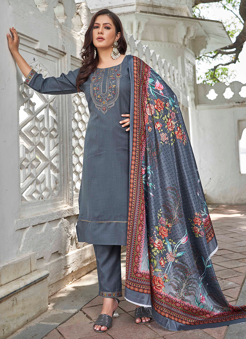 Cotton Grey Office Wear Printed Readymade Kurti Set