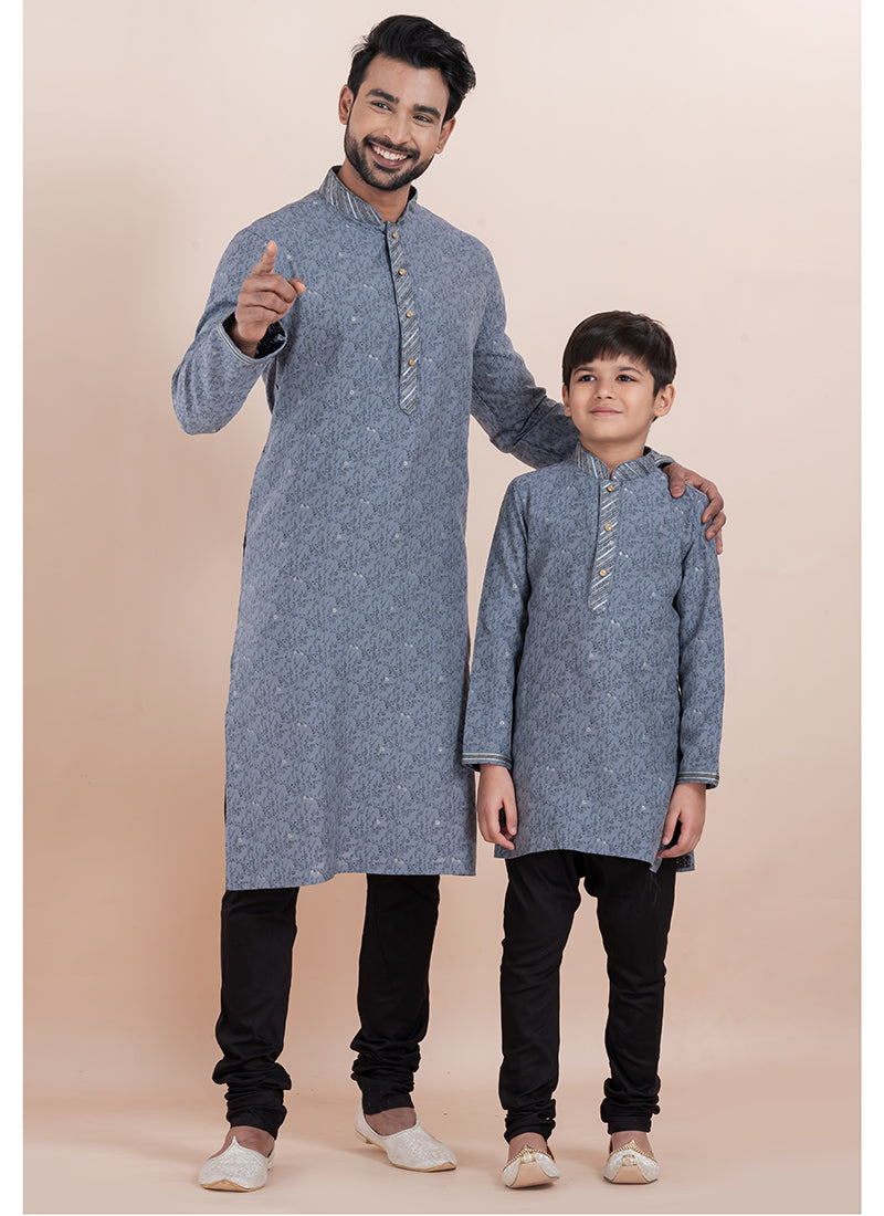 Cotton Silk Jacquard Grey Festival Wear Designer Readymade Father Son Combo Set