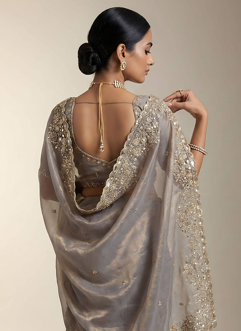 Fendy Satin Silk Grey Wedding Wear Zari Embroidery Work Wedding Saree 389004