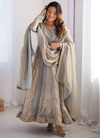 Fendy Silk Grey Casual Wear Sequins Work Readymade Anarkali Suit 388727